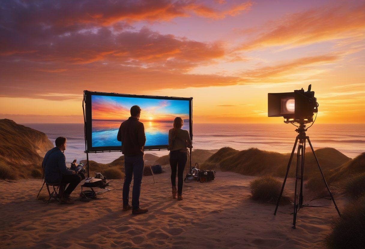 A dynamic film set featuring diverse filmmakers in action, surrounded by camera equipment, lighting, and big screens displaying different insurance policies. Include elements signifying coverage like shields or documents, creatively merging with cinematic visuals. Add an inspiring sunset in the background, symbolizing creativity and dreams. super-realistic. vibrant colors. cinematic flair.