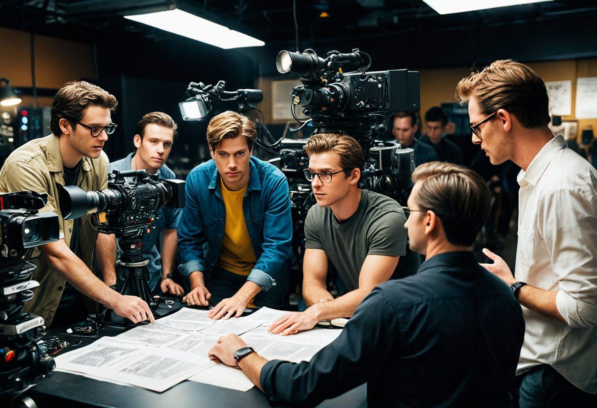 A dynamic film set scene showcasing a director discussing a script with actors, surrounded by camera equipment, lighting, and crew members working efficiently. In the background, a large storyboard highlights key scenes. Vibrant colors emphasize the energy of production and creativity. An inviting atmosphere that reflects collaboration and innovation in filmmaking. super-realistic. vibrant colors. dynamic composition.