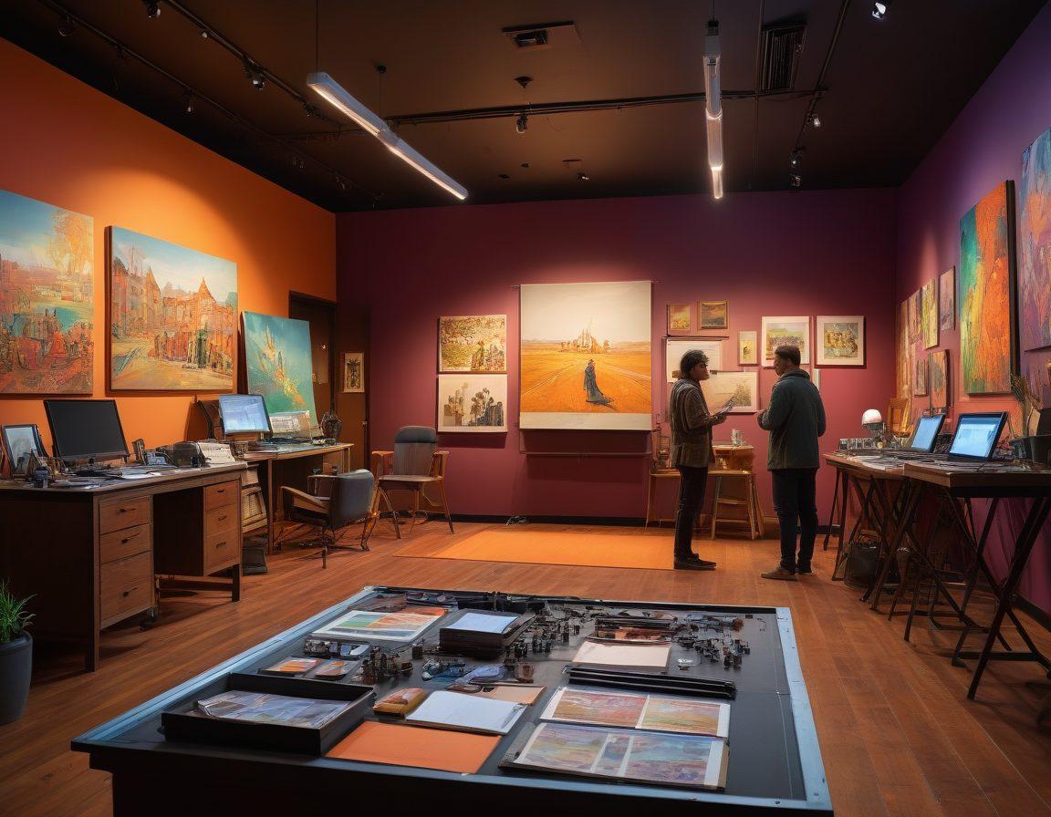 A cinematic scene depicting a diverse group of filmmakers in a vibrant studio, surrounded by various art pieces and filming equipment. A large canvas in the background showcases a visually striking film poster, while one person gestures dramatically as they discuss insurance policies. An ambiance of collaboration and creativity with warm lighting that evokes a sense of security and inspiration. super-realistic. vibrant colors. 3D.